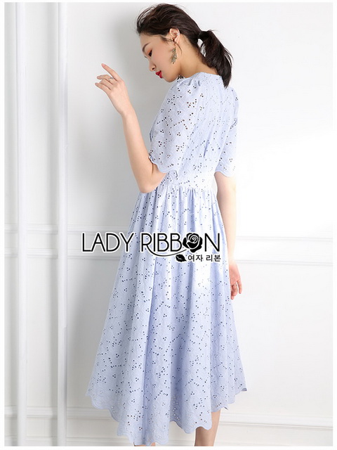 Dress เดรสผ้าคอตตอนสีฟ้าอ่อนปักและฉลุลาย