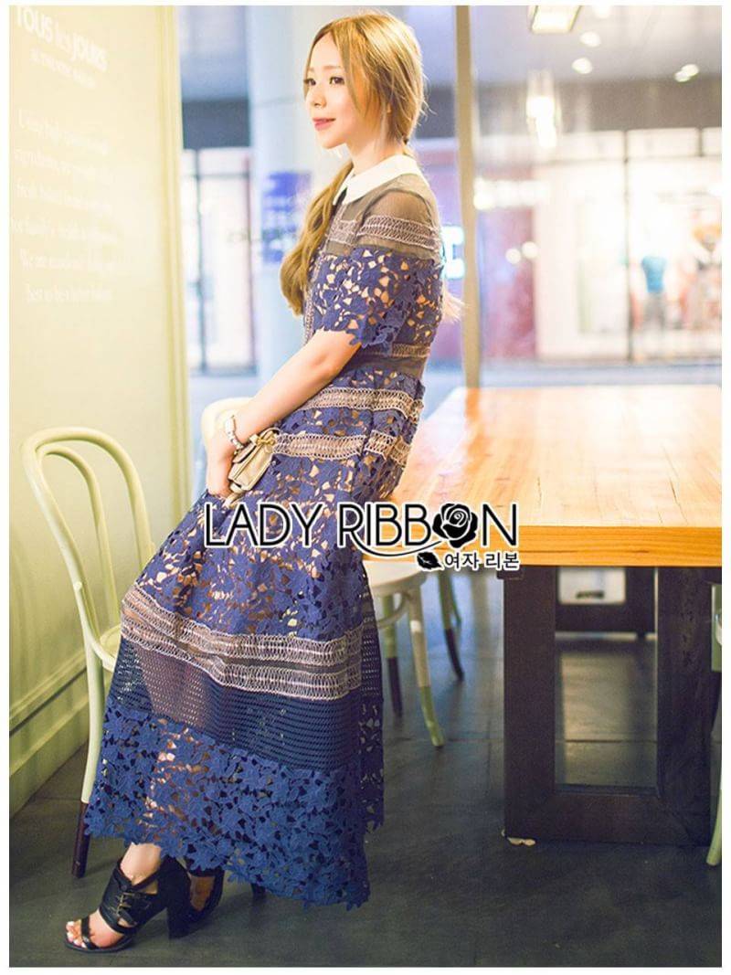 เดรสยาวผ้าลูกไม้สีน้ำเงินตกแต่งปกสีขาว