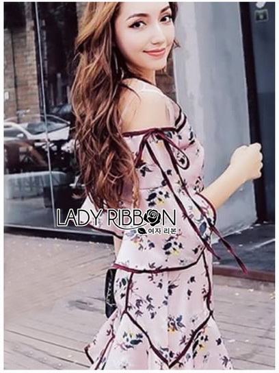 เดรสผ้าเครปพิมพ์ลายดอกไม้ตกแต่งริบบิ้น