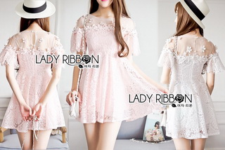 Princess Flower Embroidered Tulle Lace Dress เดรสผ้าลูกไม้ตกแต่งดอกไม้