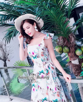 ชุดเดรสดอกเกาหลีผ้าจอร์เจียร์