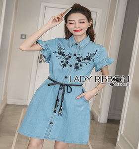 Lady Ribbon Chic Black Flower Denim Shirt Dress