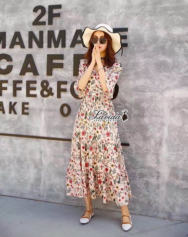 Maxi Dress กระโปงยาวแขนศอกระบาย