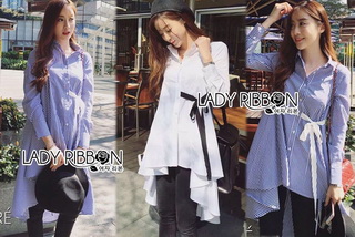Lady Ribbon Online เสื้อผ้าออนไลน์ขายส่ง Lady Ribbon เสื้อผ้า LR12180816 🎀 Lady Ribbon's Made 🎀 Lady Lauretta Minimal Chic Poplin Cotton Long Shirt with Ribbon เชิ้ตยาวผ้า