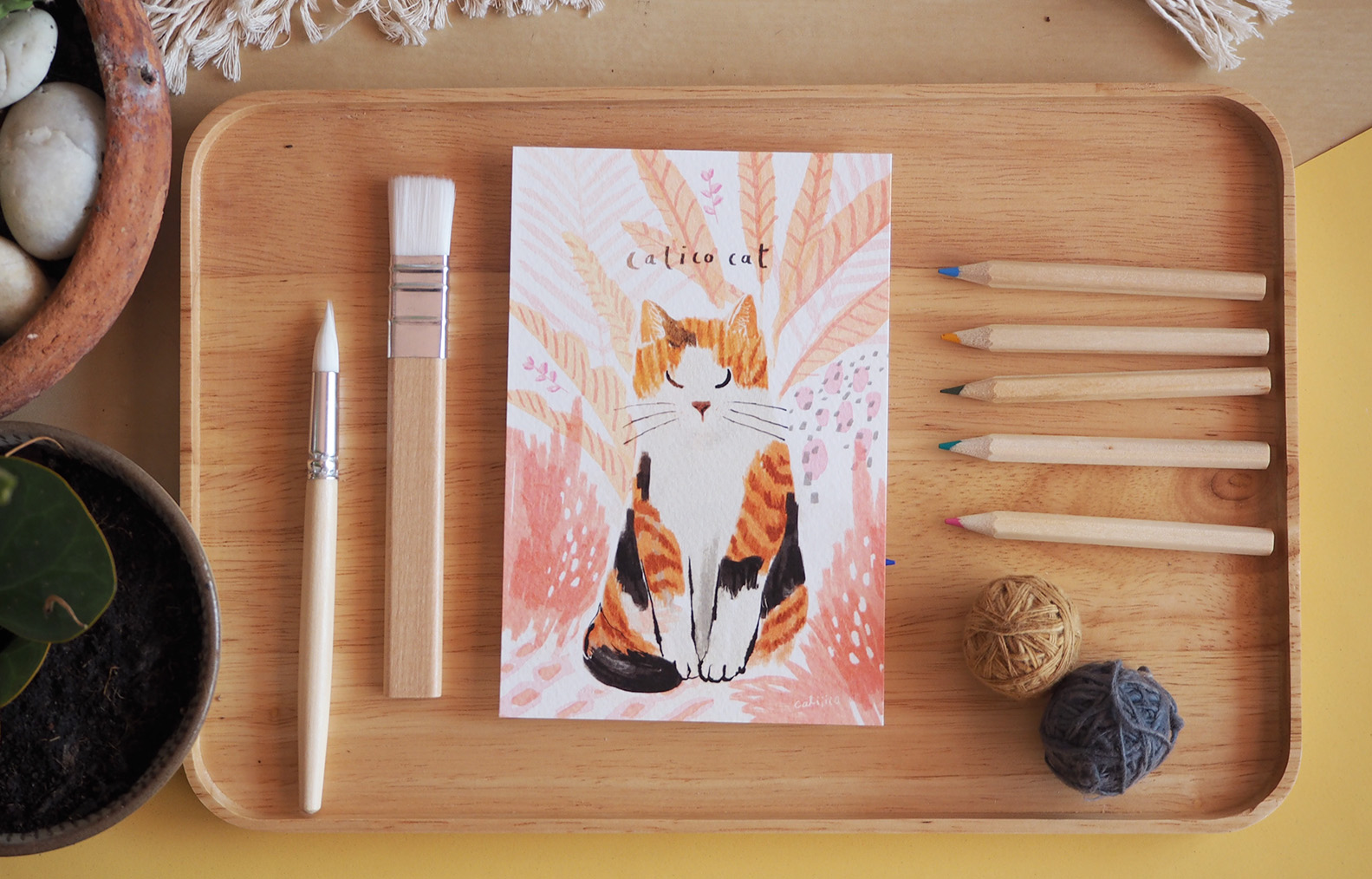 โปสการด์ ลายแมวสามสี calico cat illustration postcard 4x6 inch