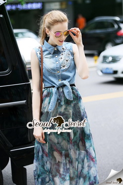 Lady Ribbon Online เสื้อผ้า ออนไลน์ ของแท้ SS11230616 Seoul Secret Say's .... Frostly Blue Blossom Skirt Dress Outer Denim Matching Set