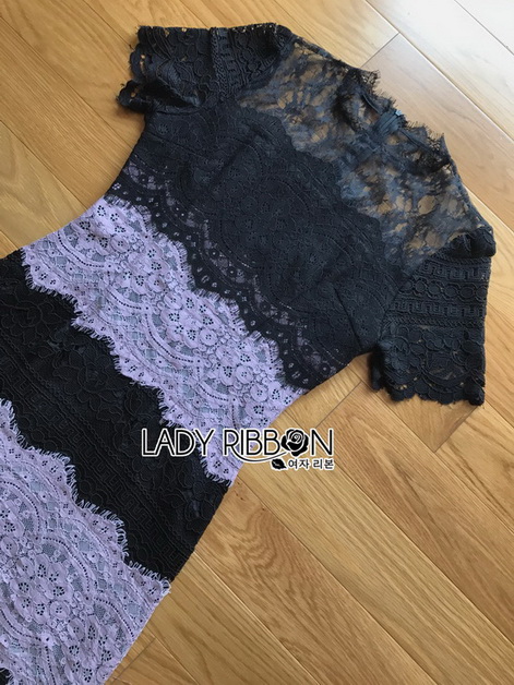 มินิเดรสผ้าลูกไม้ตกแต่งลายทางสลับ