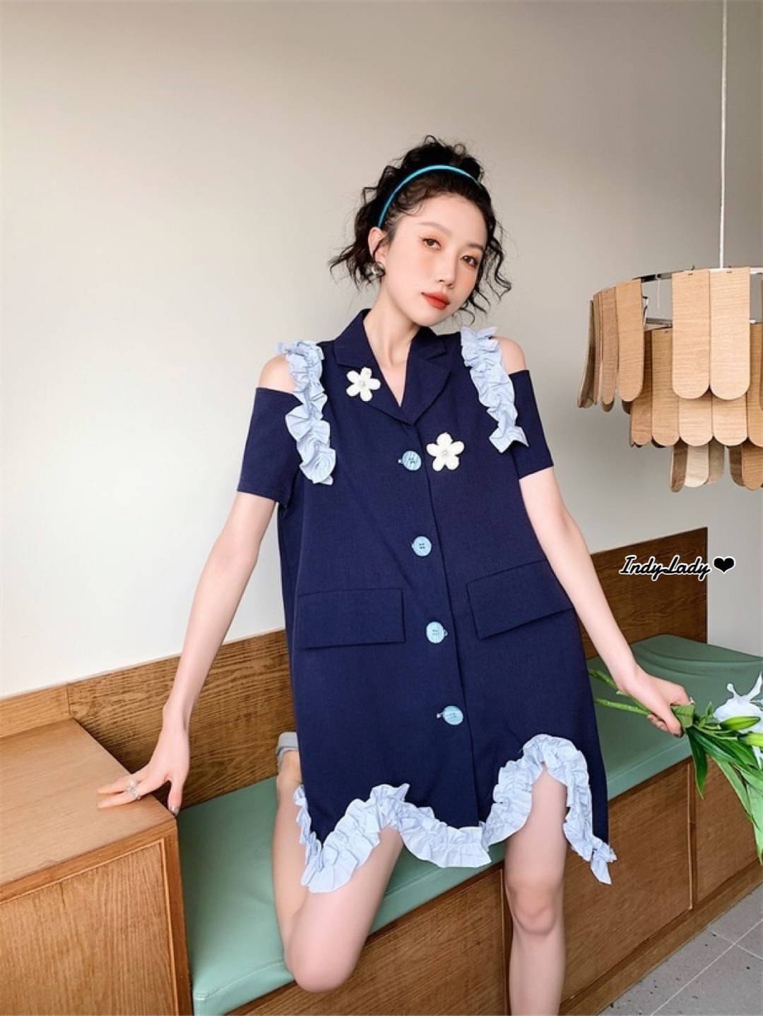 Dress แขนสั้น คอปก กระดุมหน้า