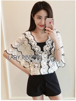 Lady Ribbon Online เสื้อผ้าพร้อมส่ง พร้อมส่งเลดี้ริบบอน LR08080816 🎀 Lady Ribbon's Made 🎀 Lady Vanessa Vintage Scallop Lace Blouse เสื้อผ้าลูกไม้