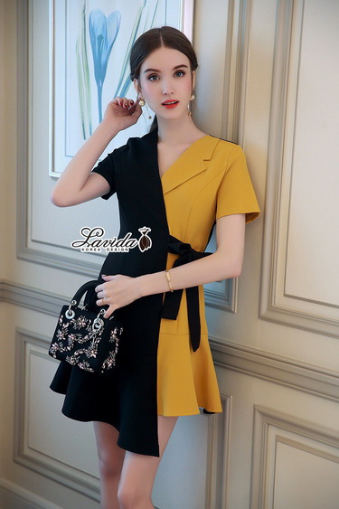 เดรสสุสีดำผ้าสีเหลืองคอสูทกระโปรงสั้นยาว