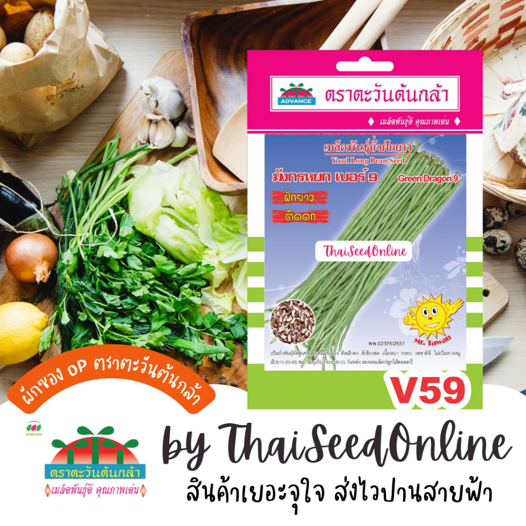 Advance Seeds(ตราตะวันต้นกล้า) ADVOP ซฟ เมล็ดพันธุ์ ถั่วฝักยาว มังกรหยก เบอร์ 9 ประมาณ 65 เมล็ด ตราตะวันต้นกล้า V59