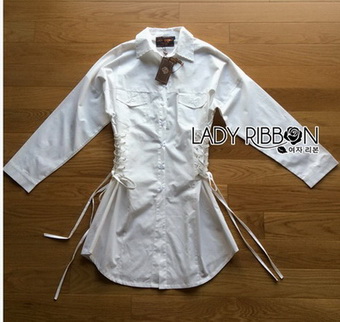 Chic Side-Lace Up Lady Ribbon Shirt Dress