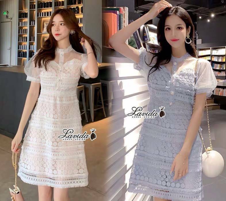เดรสลูกไม้ ช่วงอกและแขนเสื้อแต่งผ้าซีทู