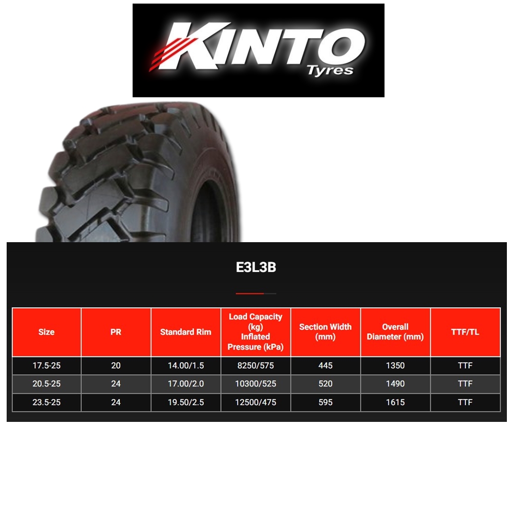 ยางรถอุตสาหกรรม รถตัก รถเกรด ขนาด 23.5-25 รุ่น E3L3B (ครบชุด) ชนิด TT 24PR ยี่ห้อ KINTO