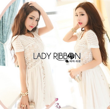 Lady Ribbon Online ขายส่ง เสื้อผ้าออนไลน์ ของแท้ ราคาถูกพร้อมส่ง เลดี้ริบบอน LR14140716 🎀 Lady Ribbon's Made 🎀 Lady Cassnadra Pure Elegant Lace and Chiffon White Mini Dress