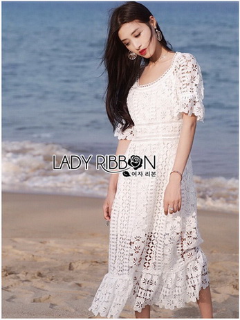 Lady Selena Sweet Feminine Ruffle White Lace Dress