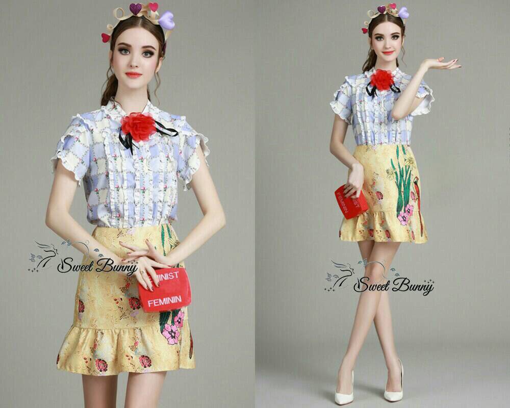 Lady Ribbon Online Sweet Bunny Sweet Bunny Present... Gucci Floral Jacquard Print Flared Skirt Set With Brooch