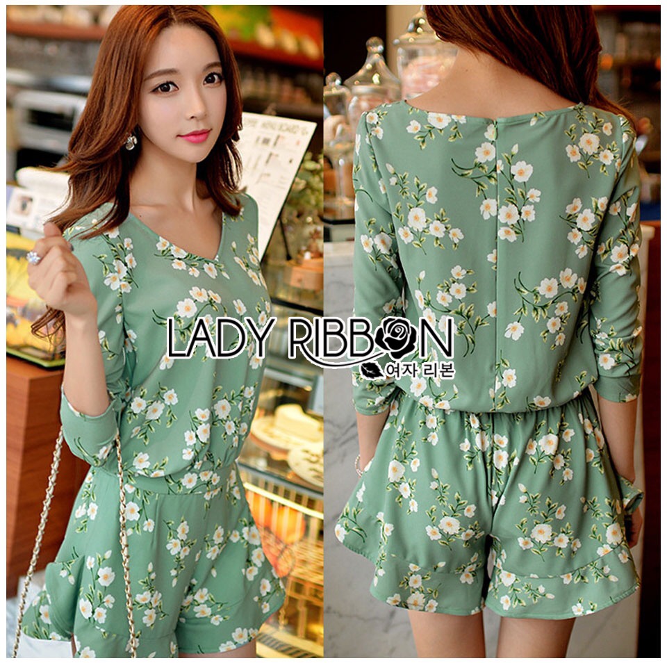 Lady Ribbon's Made 🎀 Lady Hannah Pure Feminine Daisy Printed Mint Playsuit เสื้อผ้าเพลย์สูทสีเขียวมิ้นท์แท้พิมพ์ลายดอกเดซี่สไตล์เฟมินีน