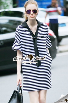 Lady Ribbon Online เสื้อผ้าออนไลน์ขายส่ง Seoul Secret เสื้อผ้า SS06180816 Seoul Secret Say's...Neck Tie Stipty Chic Chill Dress