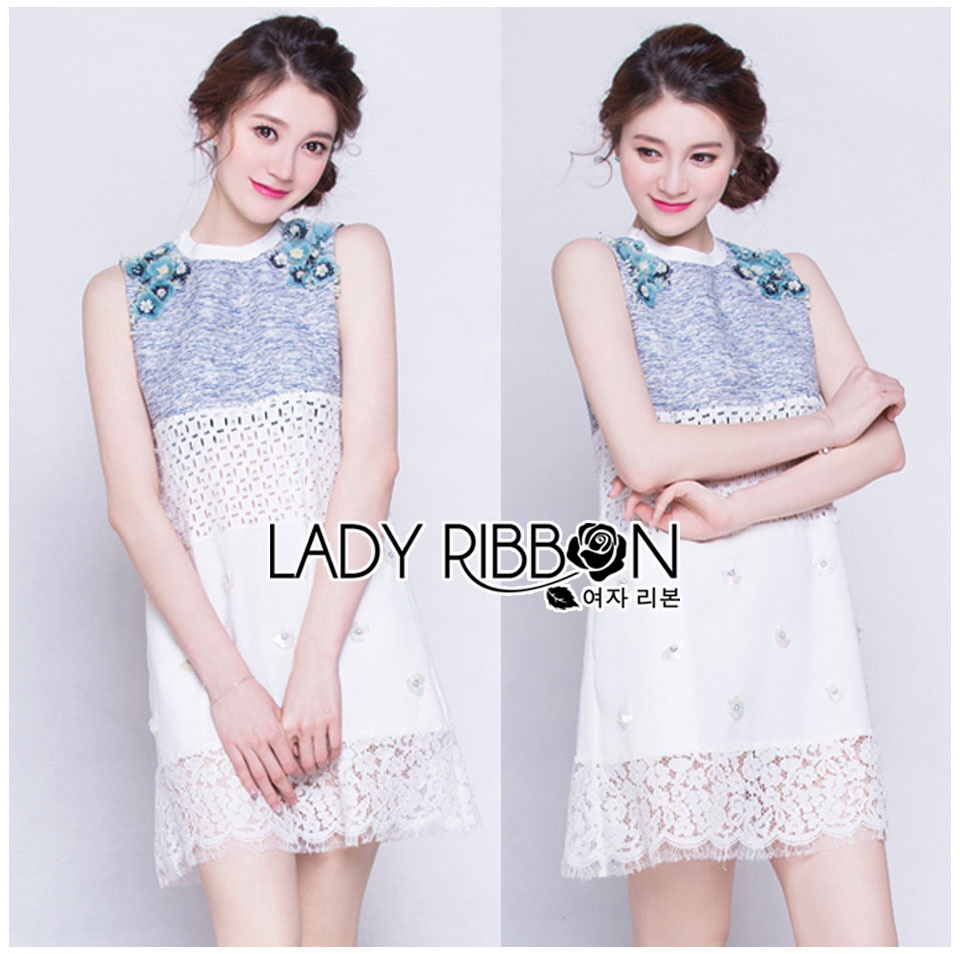 🎀 Lady Ribbon's Made 🎀ขายส่ง Lady Jessie Sweet Floral Embellished Mixed Fabric Dress ขายส่งเดรส