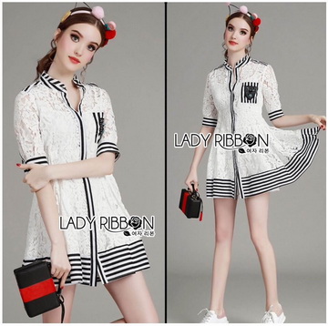 Lady Ribbon Online ขายส่งเสื้อผ้าออนไลน์ เลดี้ริบบอน LR05280716 🎀 Lady Ribbon's Made 🎀 Lady Alessandra Sweet Minimal Striped Embellished Cotton Lace Shirt Dress เชิ้ต