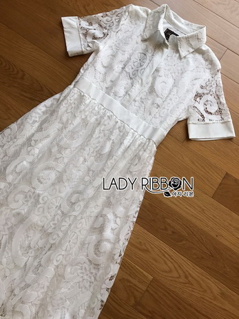 Lady Fiona Sweet Feminine White Lace Midi Shirt Dress