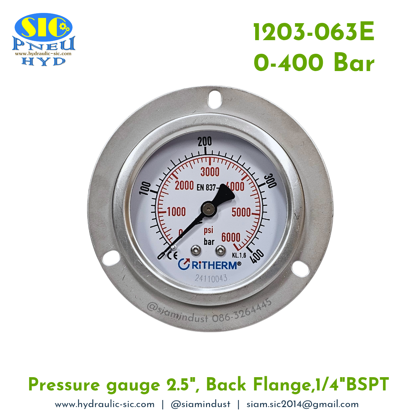 1203-063E Pressure Gauge เกจวัดแรงดันหน้าปัด 2.5" เกลียว 1/4" BSPT ออกหลัง RiTHERM