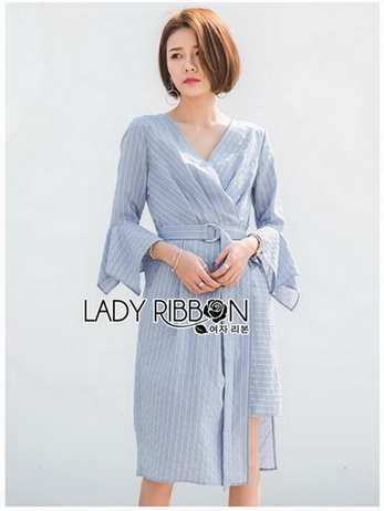 Lady Ribbon Cotton Dress เดรสสีฟ้าลายทาง