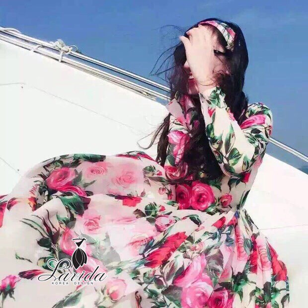 Lavida elegant feminine rose printing long sleeve maxi dress