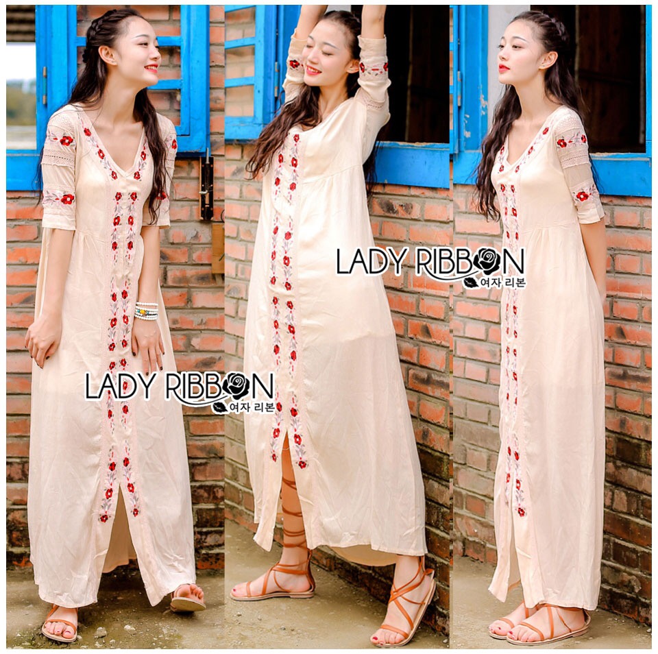 Lady Ribbon's Made 🎀 Lady Spencer Casual Flower Embroidered Crochet Maxi Dress