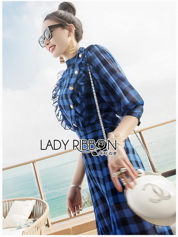 เสื้อตกแต่งระบายและกางเกงลายตารางสีน้ำเงิน-ดำ