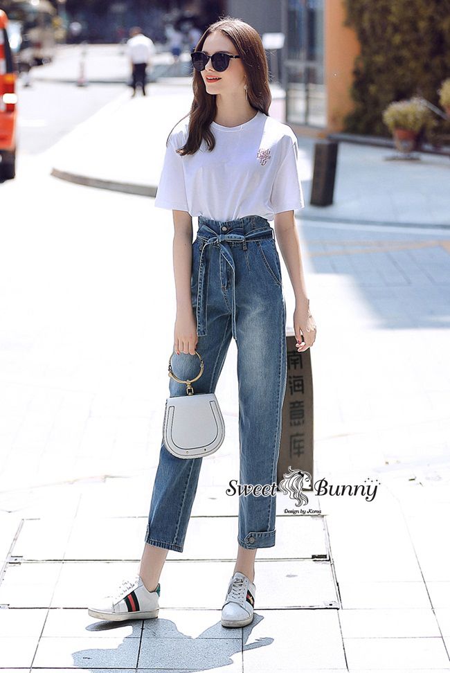 เซ็ทเสื้อยืดกางเกงยีนส์เสื้อยืดผ้าคอตตอนสีขาว