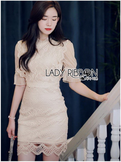 เดรสสั้นผ้าลูกไม้สีขาวงาช้างตกแต่งแขนผ้าทูลเลโปร่ง