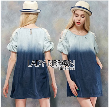 Lady Ribbon Online เสื้อผ้าออนไลน์ ขายส่งของแท้ราคาถููก LR10110716 🎀 Lady Ribbon's Made 🎀 Lady Marina Cut-Out Pearl Embroidered Ombre Denim Dress
