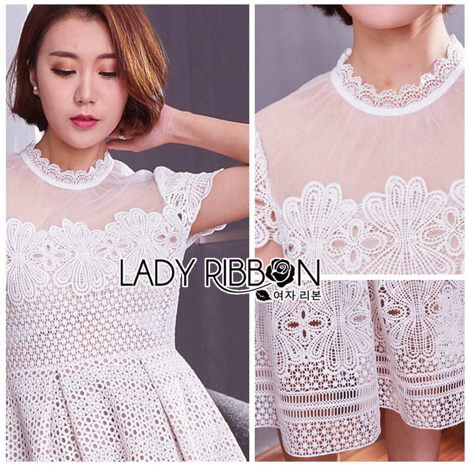 🎀 Lady Ribbon's Made 🎀 ขายส่ง Lady Monica Modern Cool Organza and Mixed Lace Dress in White ขายส่งเดรสผ้าลูกไม้