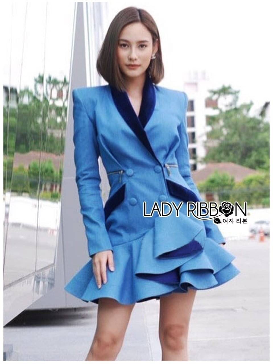มินิเดรสสีฟ้าสโตนแขนยาว