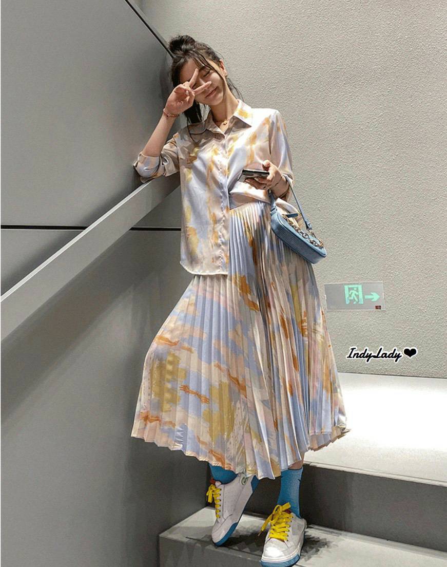เสื้อ+กระโปรงพลีท งานสี พาสเทล