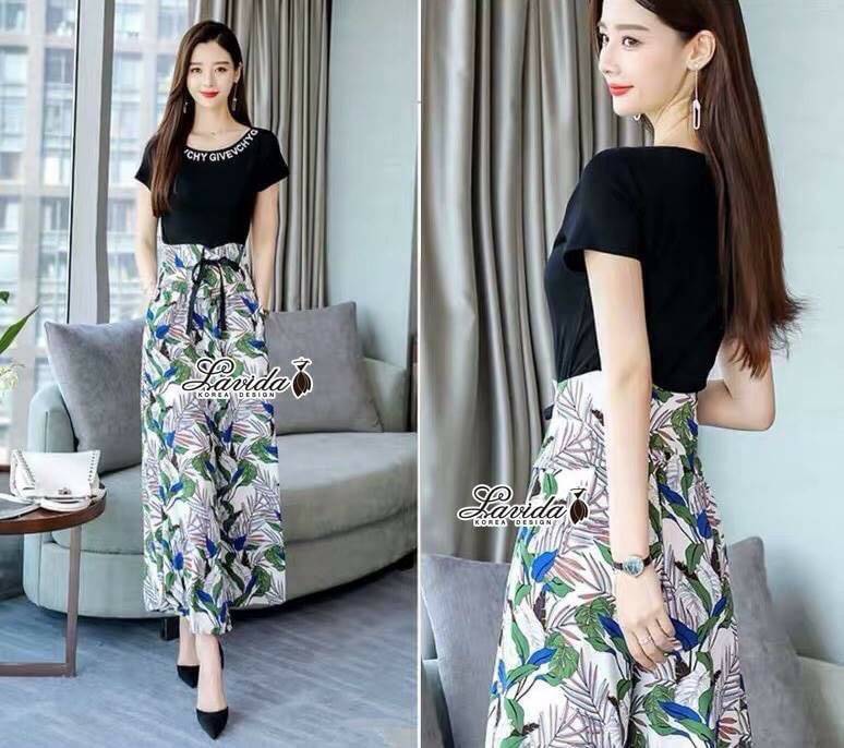 เซตกับกางเกงทรงขากว้างลายใบไม้
