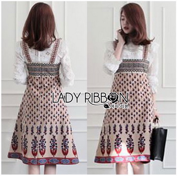Lady Ribbon Online เสื้อผ้าออนไลน์ ขายส่งของแท้ราคาถููก LR05110716 🎀 Lady Ribbon's Made 🎀 Lady Rosie Feminine White Lace Shirt and Printed Viscose Dress Set