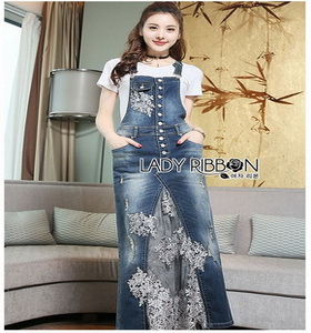 Lady Ribbon Tanya White T-Shirt Denim and Lace Overall Dress เอี้ยมยีนส์เสื้อยืด