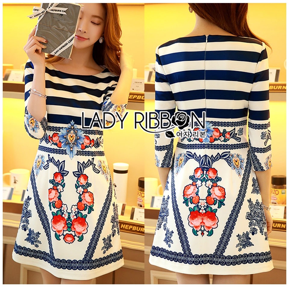 🎀 Lady Jennifer Casual Chic Striped and Floral Printed เสื้อผ้าเดรสลายทางพิมพ์ลายดอกไม้สไตล์แคชชวลชิค lady ribbon ลุคนี้