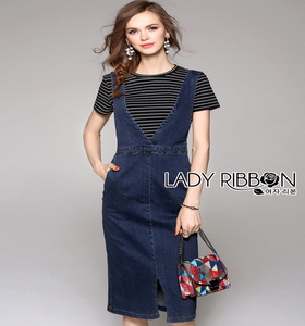 Lady Ribbon Vanessa Casual Chic Striped Top and Overall Denim Dress Set