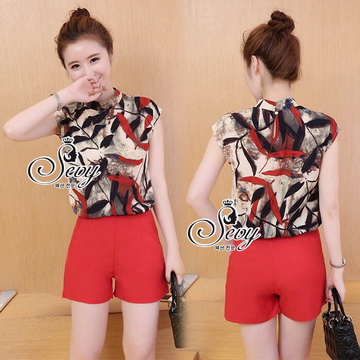 Lady Ribbon Online เสื้อผ้าแฟชั่นออนไลน์ขายส่ง เลดี้ริบบอนของแท้พร้อมส่ง sevy เสื้อผ้า SV08240716 🎉Sevy Two Pieces Of Leave Stripes With Red Shorts Sets