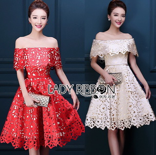 Lady Ribbon Online ขายส่งเสื้อผ้าออนไลน์ Lady Ribbon LR04040816 🎀 Lady Ribbon's Made 🎀 Lady Christine Off-Shoulder Laser Cut Silk Evening Dress