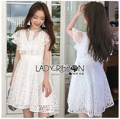 Mini Dress เดรสสั้นผ้าลูกไม้ทอลายดอกไม้สีขาว