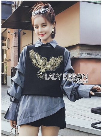 Layered-Sleeve Lady Ribbon Striped Shirt