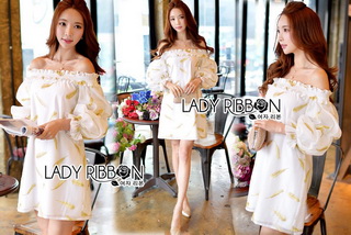 Gold Feather Embroidered Organza Dress เดรสผ้าแก้ว
