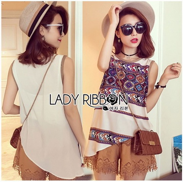 Lady Ribbon Online ขายส่งเสื้อผ้าออนไลน์ เลดี้ริบบอน LR06280716 🎀 Lady Ribbon's Made 🎀 Lady Helena Hippie Chic Printed Tank Top and Embroidered Cotton Shorts Set