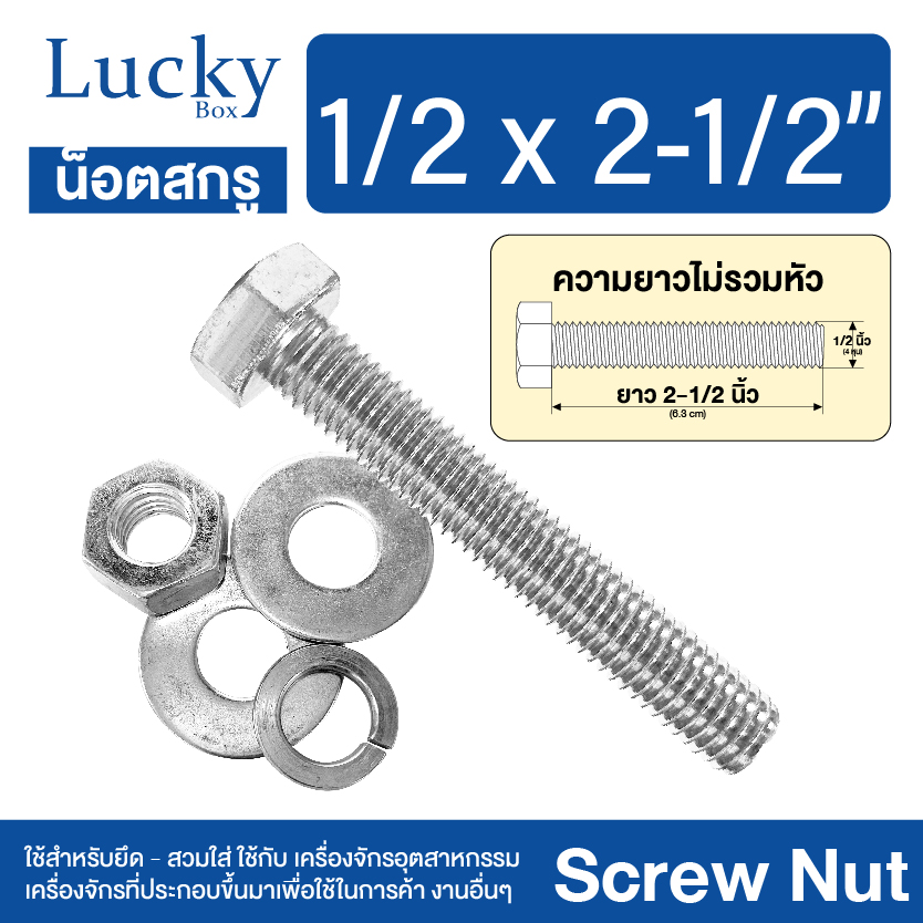 น็อต+สกรู+2แหวน SCREW NUT ขนาด 1/2x2-1/2" (4 หุน ยาว 2.5 นิ้ว)