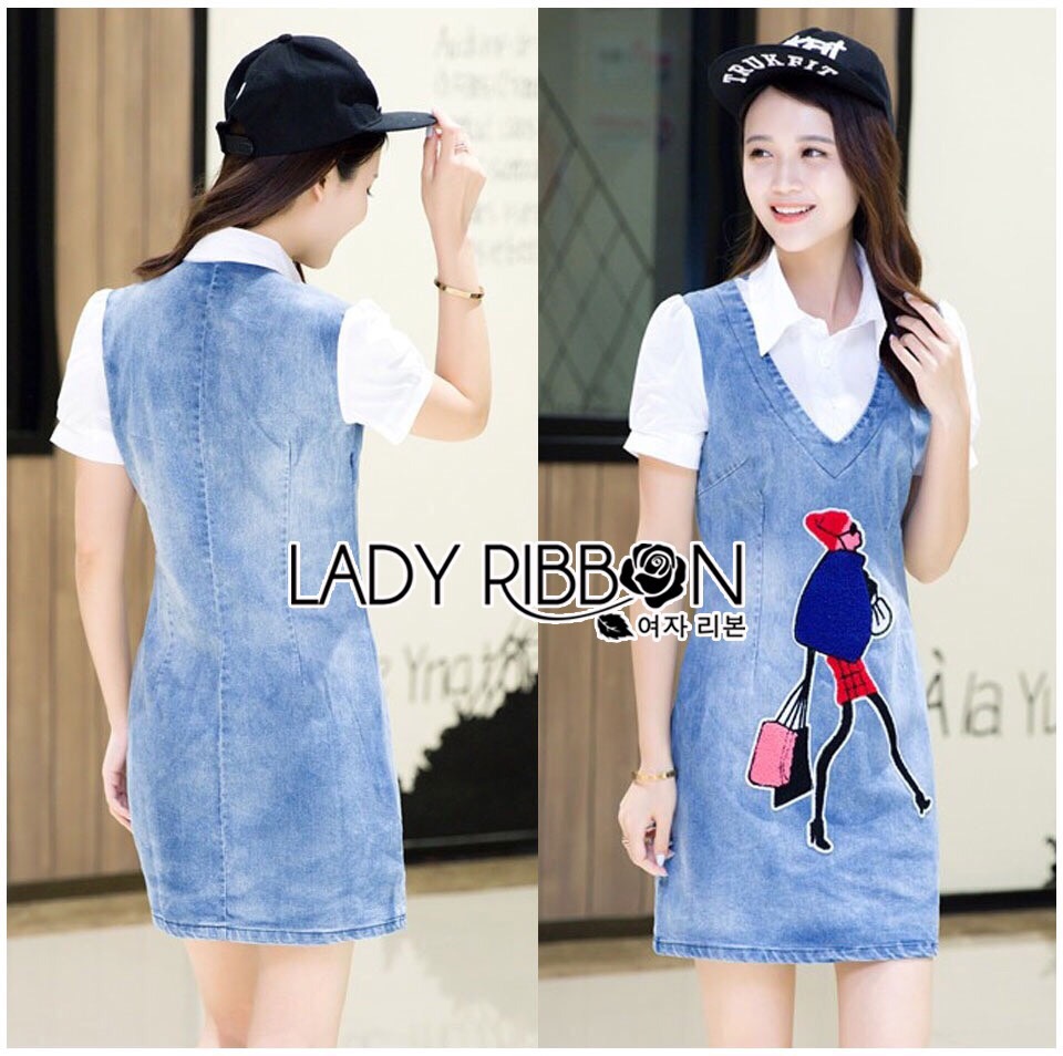 Lady Ribbon Online เสื้อผ้าออนไลน์ ขายส่ง LR17200616 🎀 Lady Ribbon's Made 🎀 Lady Olivia Fashionable Preppy Denim Shirt Dress